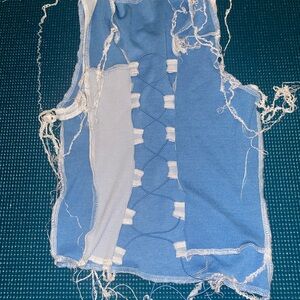 Blue and White Distressed Knit Top